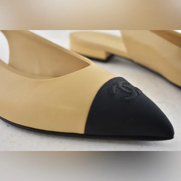 Chanel 24A Beige Leather Black CC Logo Coco Slingback Pointed Ballet Flat 39 - Picture 7 of 15